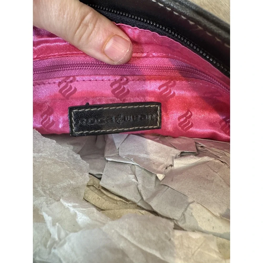 Rocawear Satchel Bag Womens Large Black Faux Leather Stripe Pink Lining Logo Y2K